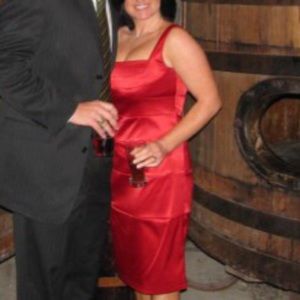 Red satin cocktail dress; Size 8